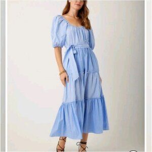 Fifteen Twenty Cotton Striped Blue White Tie Tiered Peasant Midi Cottage Dress L